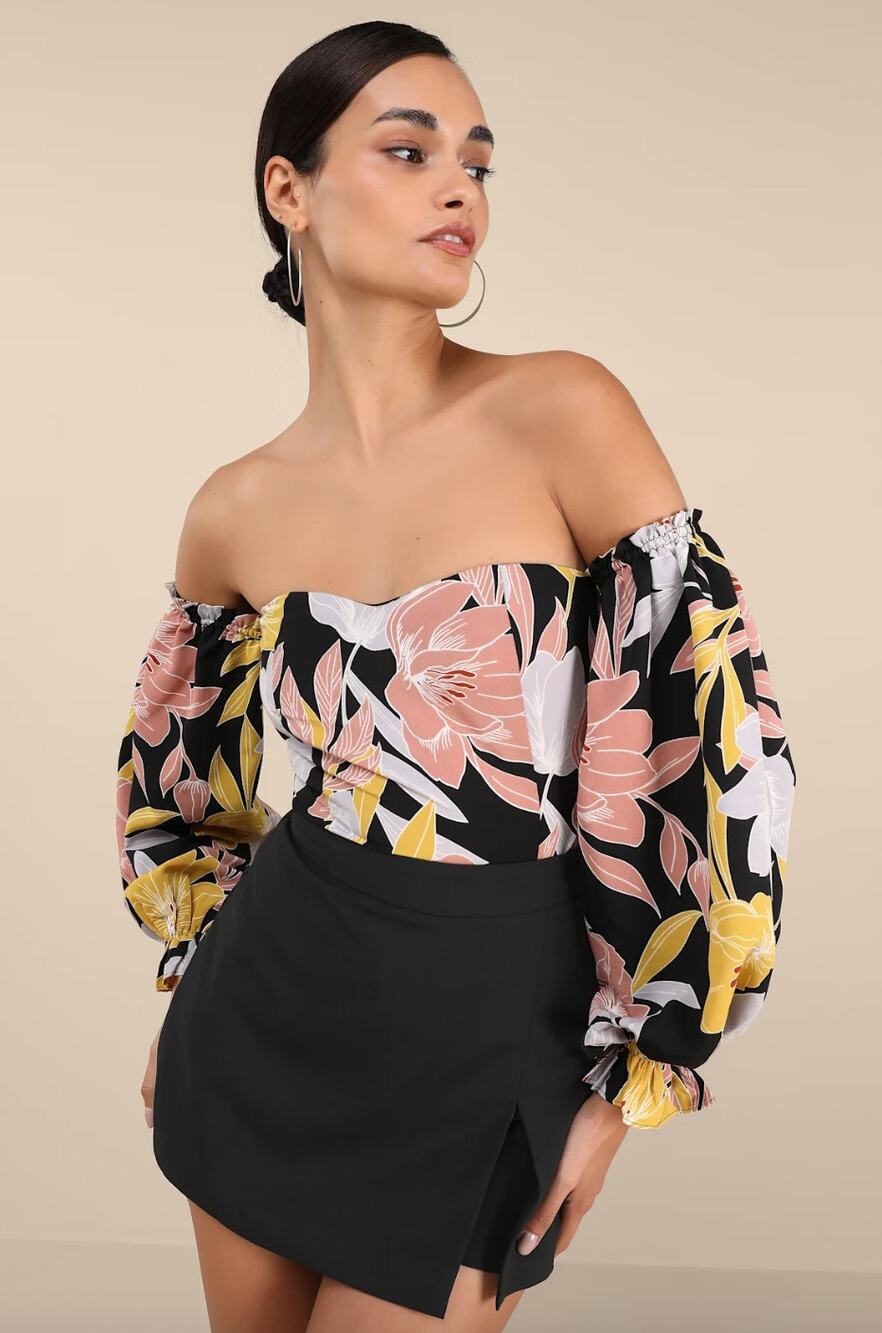 NEW Lulus Bring the Blossom Black Floral Print Off-the-Shoulder Bodysuit Size M